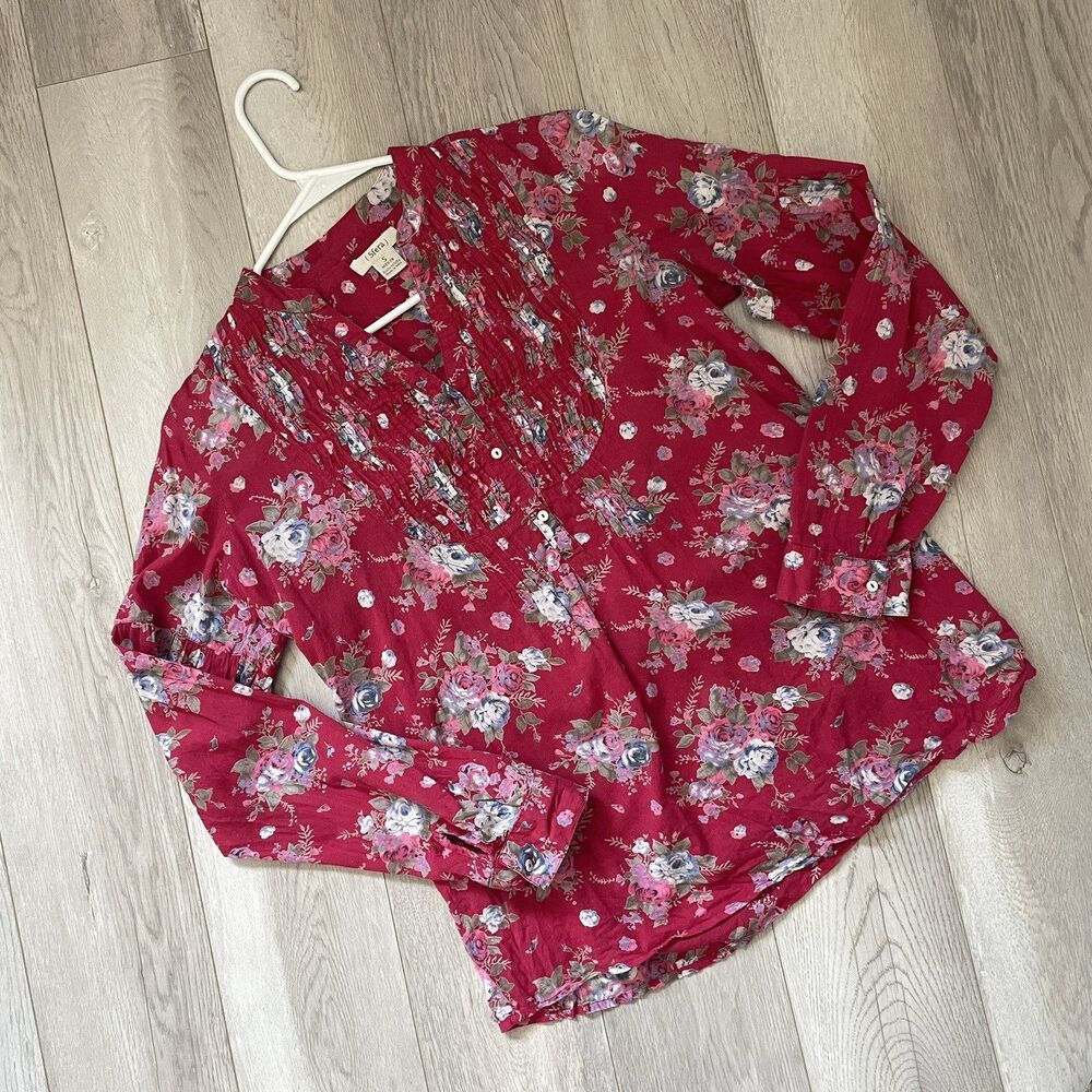 Sfera Peasant Top floral pintuck long sleeve button up womens Red small feminine